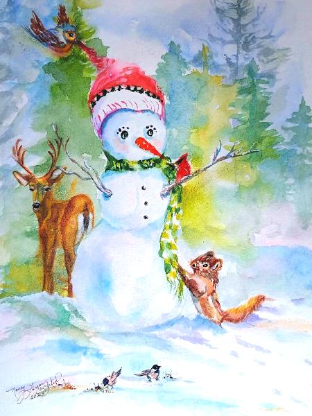 watercolor Snowman and friends