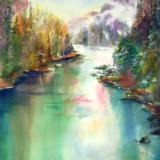 River Umpqua, Oregon, river, watercolor